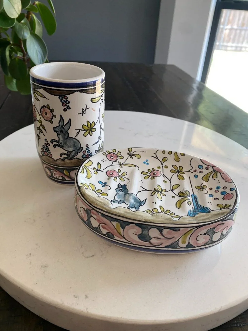 Berardos Portugal Hand Painted Bathroom Set Tumbler Soap Dish Rabbit Floral